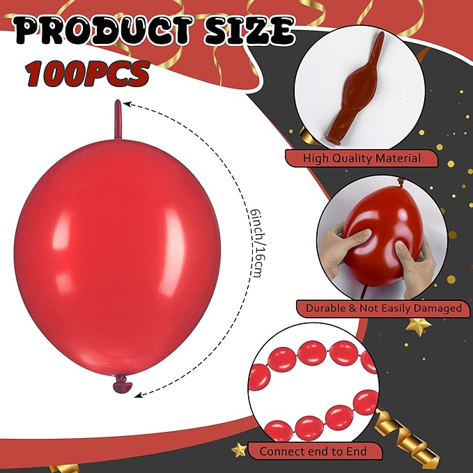 Link Balloons 12 Inch - 100 Pcs Quick Link Balloon Latex Linking Balloons Connected Linkable Balloon Birthday Wedding Party Decorations(Red)