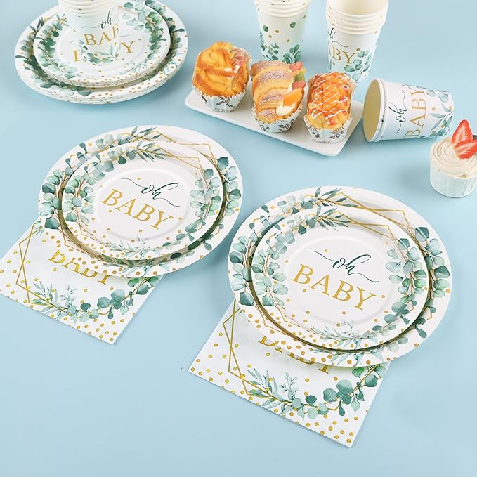 350 Pcs Sage Green Baby Shower Decorations, Baby Shower Plates and Cups and Napkins Sets Serves 50, Oh Baby Plates with Gold Dots for Boho Baby Girl Boy Neutral