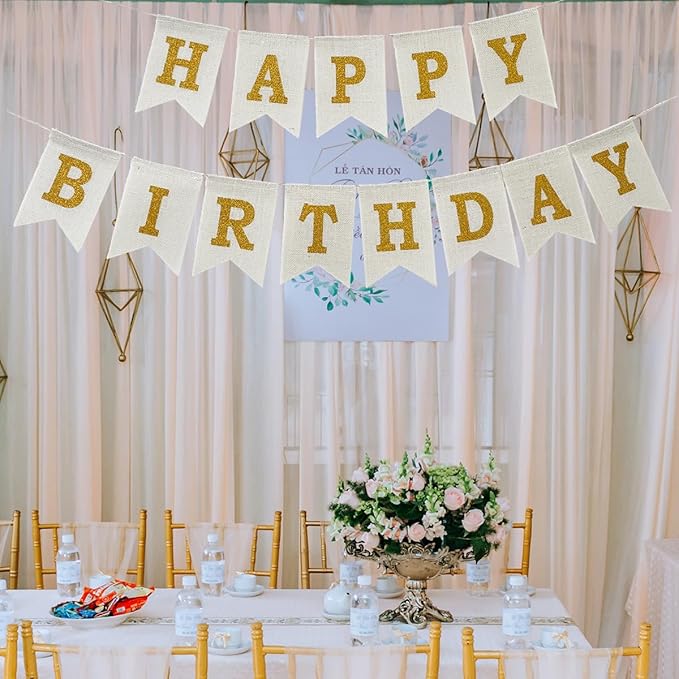 Happy Birthday Banner, Pre-Strung Burlap Happy Birthday Sign Garland, White and Gold Birthday Decorations for Girl Men Women