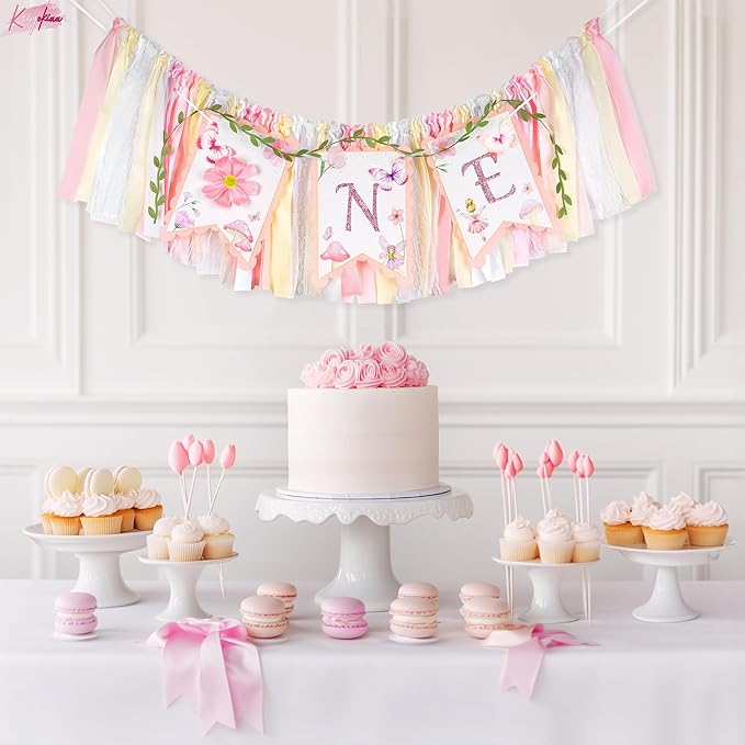 Highchair Banner 1st Birthday Girl Floral and Butterfly Fairy Theme First Birthday Party Decoration for Photo Background