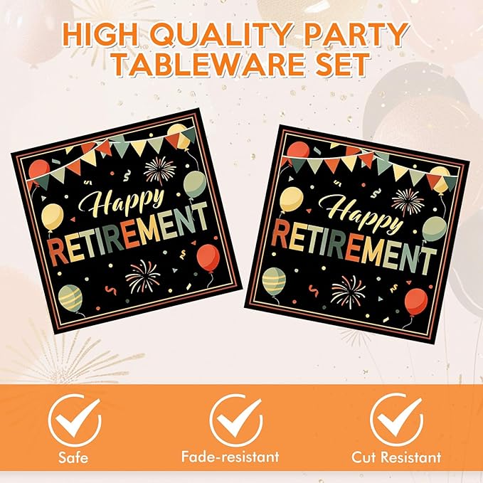40Pcs Retirement Decorations for Men Women,Colorful Vintage Retirement Party Supplies Table Decor Disposable Retirement Party Plates and Napkins Set for Office Retired Farewell Decor, Serve 20