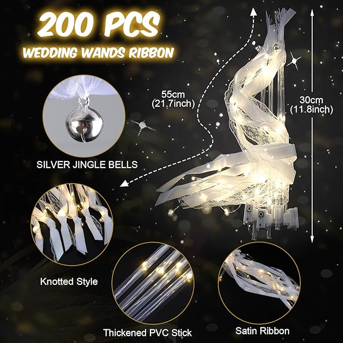 28PCS Light up Wands for wedding, Wedding Wands Streamers with 3 Colorful Flashing Modes, Fairy Wands, LED Silk Fairy Wand with Bells for Wedding, New Year, Thanksgiving, Concert