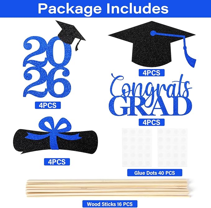 Graduation Decorations 2026, 16 PCS Black Blue Graduation Centerpieces for Tables, Double-Sided Table Toppers Centerpieces, Class of 2026 Grad Party Decorations 2026