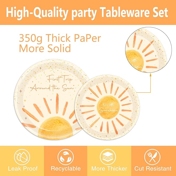 168Pcs Boho First Trip Around The Sun Birthday Decorations- Boho Party Set with Bohemian Hippie Sunshine Theme Party Tableware Decorations Including Plates,Cups,Napkins,Baby Shower Party for 24 Guests