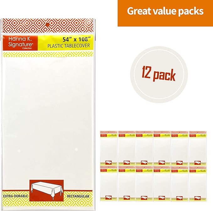 Party Dimensions White Disposable Plastic Tablecloth for Rectangle Tables (12 Pack) Table Cloths for Parties, Events & Weddings, Indoors Outdoors, 54 x 108 inches, Plastic Table Cover