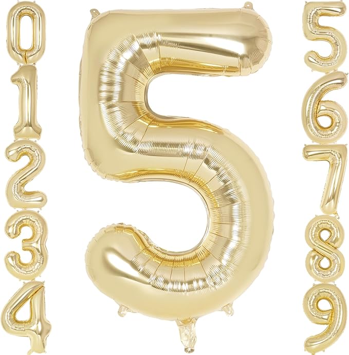 Light Gold Number 5 Balloon 40 Inch, Big Large Foil Helium White Gold Number Balloons, Giant Mylar Number 5 Balloons for 5 Year Old Birthday Party Decorations Supplies Anniversary