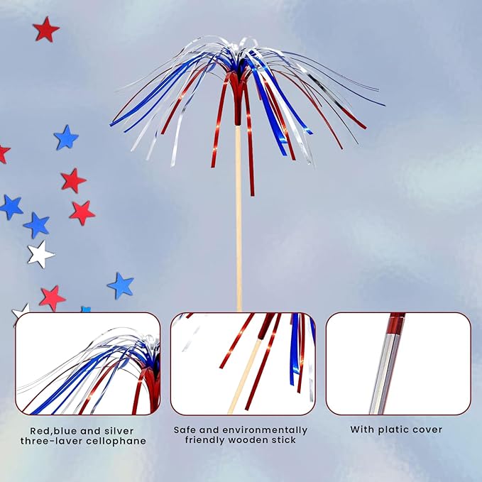 100 Pack 4th of July Cocktail Picks,6inch Patriotic Fireworks Toothpicks for Appetizers,Red White Blue Bamboo Skewers Sticks for Fourth of July Party Supplies Independence Day Decorations