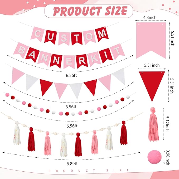 139 Pcs Felt DIY Custom Banner Kit Include 104 Letters 18 Swallowtail Flags 15 Pennants 2 Pcs Pom Pom Garland Tassel Pompom Decoration for Home Baby Shower Birthday(Valentine's Pink)