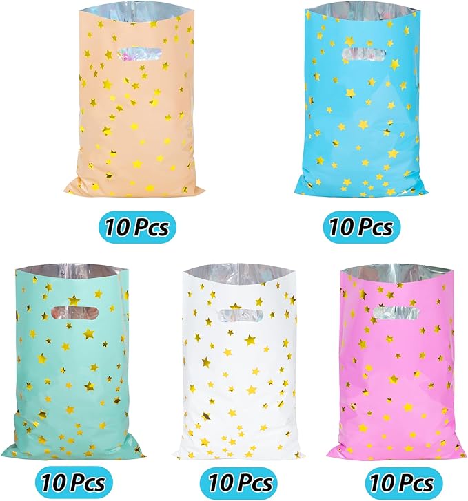 LEKOKO 50 Pcs Party Favors Bags, Cute Star Pattern Birthday Goodie Candy Bags, Plastic Party Gift Bag Bulk for Kids Birthday Baby Shower
