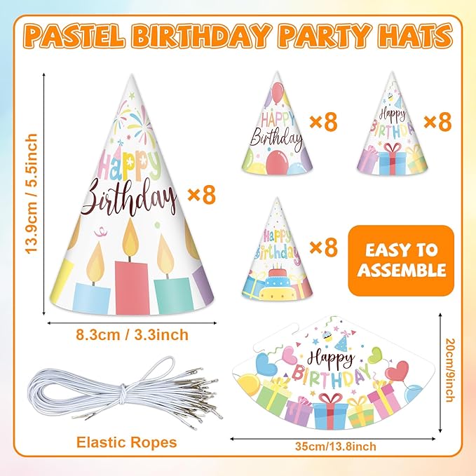 32Pcs Colorful Party Hats for Kids Happy Birthday Cone Paper Hats Classroom Celebration Supplies Favors