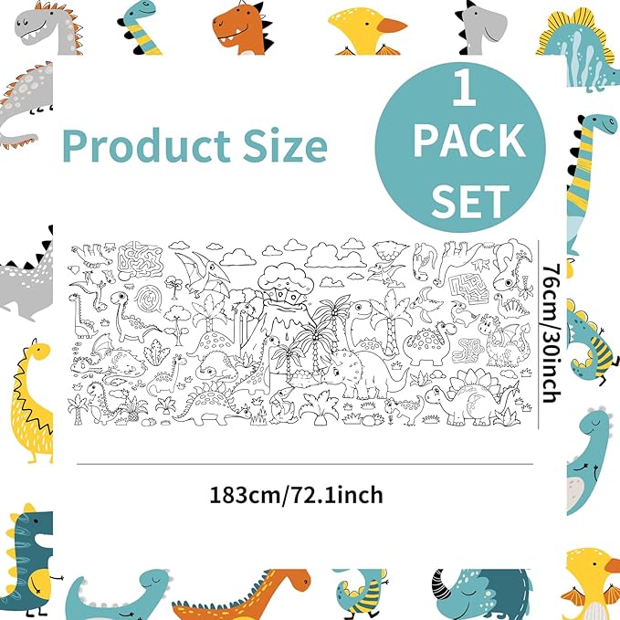 30x72 Inches Dinosaurs Giant Coloring Poster, Birthday Gift for Kids, Versatile Classroom Wall Décor & Birthday Activity, Dinosaur Poster/Table Cover for School Parties and Special Events