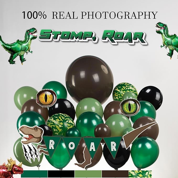 Dinosaur Birthday Party Decorations hunter Green black brown balloon arch kit with mini dino Foil balloons ROAR Banner Dinosaur eye stickers for jungle adventure Boy Scouts three rex Jurassic Supplies