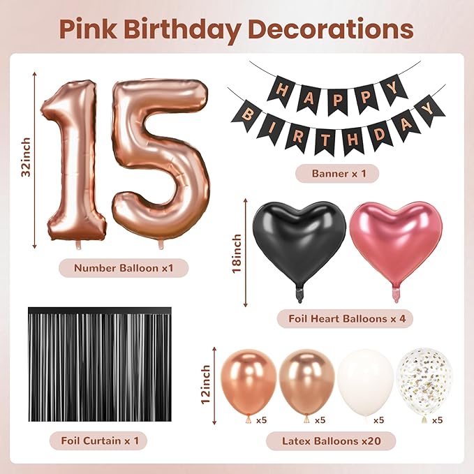 15th Birthday Decorations for Girls - Rose Gold, Black Hot Pink Quinceanera Party Supplies Set with Happy 15th Banner, Number 15 Balloons, Foil Fringe Curtains - 15 Year Old Mis Quince Celebration Kit