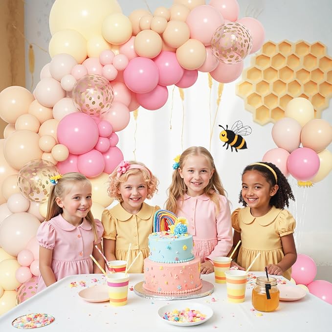 Amandir 153pcs Pink and Yellow Balloon Arch Garland Kit, Different Sizes 18 12 10 5 inch Pink Pastel Yellow White Sand Cream Gold Confetti Balloons for Birthday Party Bee Bear Shower Decorations
