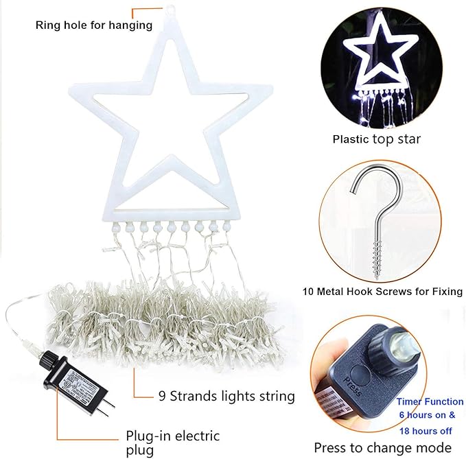FUNIAO (Upgraded Christmas Decoration Outdoor Star String Lights, 320 LED Christmas Tree Topper Lights with 12" Lighted Star for Halloween Christmas New Year Holiday Garden Yard (White)