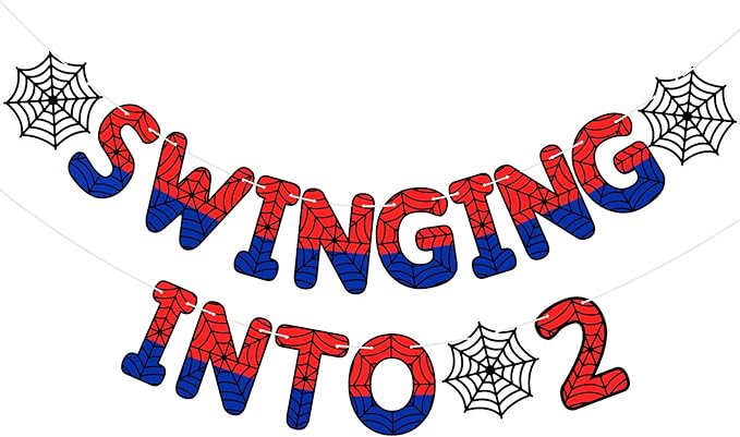 TaoBary Spider Theme 2nd Birthday Banner, Pre-strung Swinging into 2 Banner, Spider 2nd Birthday Decorations Party Supplies for Kids, Second Decor for 2 Year Old Boys Girls(Red and Blue)