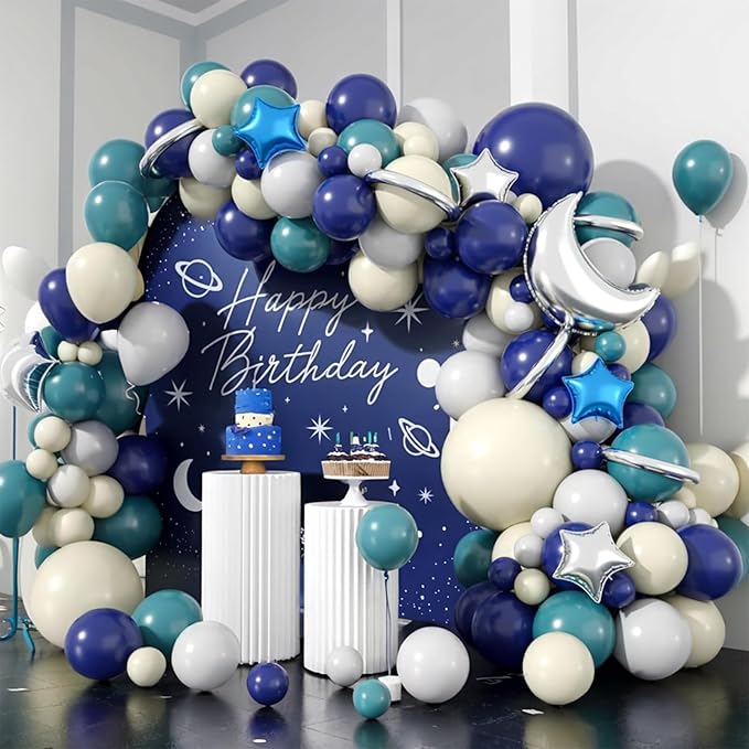 Outer Space Balloon Arch Kit, Navy Blue And White Grey Sea Blue Moon Star Foil Balloon for Boy Space Birthday Astronaut UFO Theme Graduation Party Galactic Celebration Baby Shower Decorations