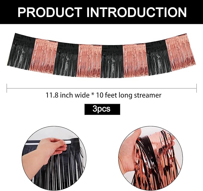 BEISHIDA 3 Packs Metallic Foil Fringe Garland Black Rose Wall Hanging Tinsel Fringe Banners for Car Floats Bridal Shower Wedding Birthday Graduation Holiday Party Decoration(30 Feet)