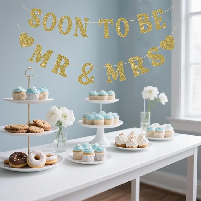 Soon To Be Mr & Mrs Sign Banner for Bridal Shower Decorations, Pre-Strung Gold Glitter Wedding Banner Decorations, Engagement Banners for Mantle Hanging Sign Couples Shower Decors