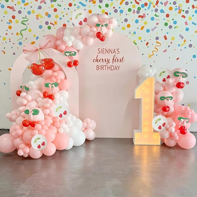 JOGAMS Cherry Balloon Arch Kit,192Pcs Cherry Party Decorations with Red Green 260 Balloons Pink Ribbon Bows for Cherry On Top Baby Shower Birthday Bridal Shower Wedding Galentine's Valentine's Day