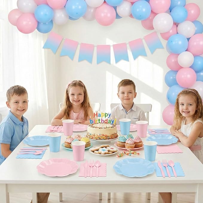 350 Pcs Baby Gender Reveal Party Supplies Include Scalloped Plate Napkin Cup Forks Knives, Light Pink and Light Blue Plastic Cutlery 50 Guest Disposable Party Tableware Set for Baby Shower