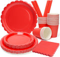 168PCS Party Plates, Scalloped Gingham Paper Plates and Cups and Napkins Sets Party Supplies for Birthday Wedding Bridal Shower Baby Shower Picnic, Serve for 24 Guests (Red Scalloped)