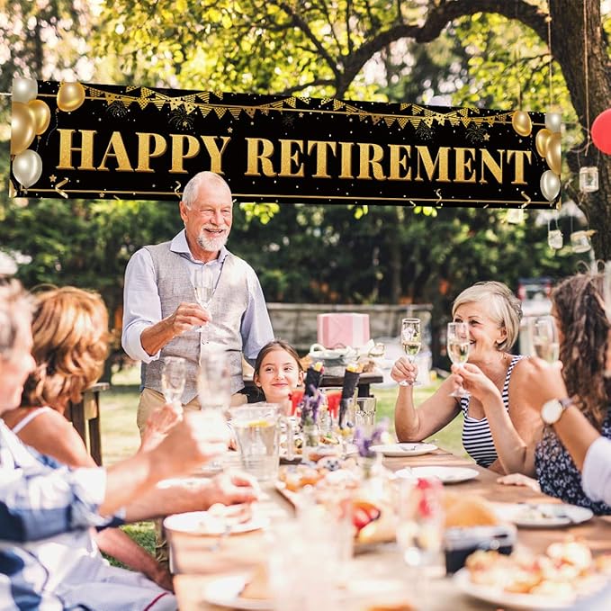 Large Happy Retirement Banner, Black and Gold Retirement Banner Sign, Party Decorations Supplies (9.8x1.6ft)