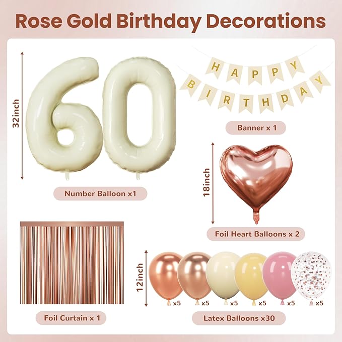 60th Birthday Decorations for Women, Retro Sand White and Cream Balloon Garland Kit, Cream Number 60 Balloon, Pink Happy 60th Banner, Milestone Party Supplies