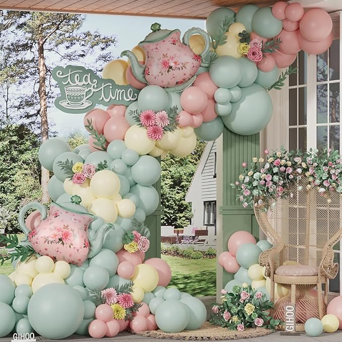 Tea Party Decorations 139pcs Pastel Tea Party Balloon Arch Garland Kit with Pink Green Teapot Mylar Balloon for Let's Par-Tea Girls Birthday Spring Garden Tea Party Decor (Tea Party)