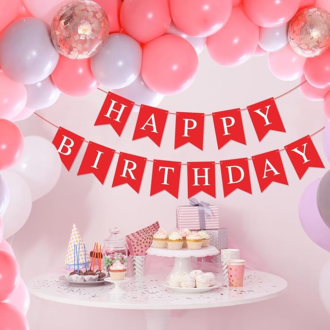 Hooqict Red Happy Birthday Banner Sign for Backdrop Red Birthday Party Decorations for Women Men Party Supplies Wall Door Banner Garland Bunting Flag