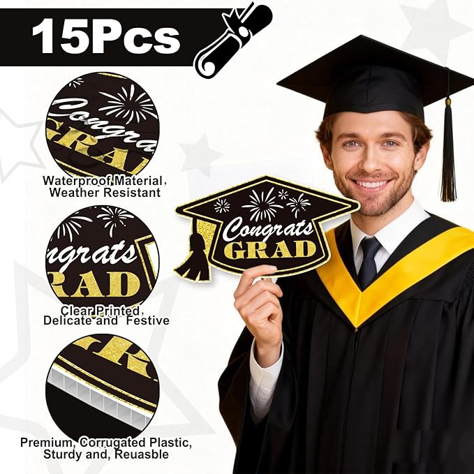 15 PCS Graduation Yard Signs Class of 2026 Decorations, 2026 Graduation Decorations - Large 4FT Tall Congrats Grad Lawn Sign Set with H-Stake & Fiberglass Rods, Waterproof Outdoor & Indoor Graduation Party Decor, Black and Gold