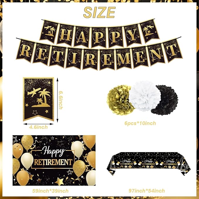 Retirement Party Decorations Includes Banner, Backdrop, Cake Topper, Hanging Swirls, Tablecloth, Honeycomb Centerpiece for Happy Retirement Decorations