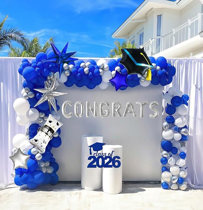 Royal blue Themed Graduation Balloon Garland Arch Kit with Foil caps diplomas congrats letters stars for class of 2026 Graduation party decorations Grad congratulations Prom party Grad ceremony decor