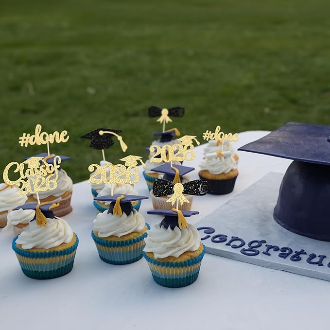 Gyufise 30Pcs 2026 Graduation Cupcake Toppers Gold and Black Glitter Class of 2026 Cake Graduation Done Cupcake Picks Grad Cap Diploma Cake Decorations for 2026 Graduation Theme Party Cake