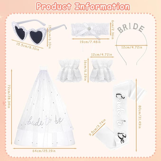 6 Pack Bachelorette Party Accessories with Heart Sunglasses Bride to Be Headband Sash and Veil White Lace Garters and Gloves for Bride Wedding Bridal Shower Bachelorette Party Favors