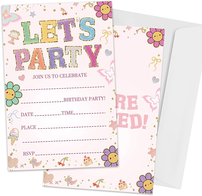 Let's Party Birthday Invitations, Floral Pink Party Invites for Girls, 4 x 6 inch, 20 Pcs Double-Sided Fill In Invitations with Envelopes