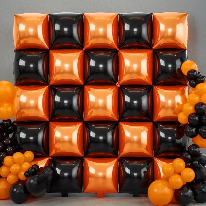 Black Orange Square Foil Balloons, 25PCS Double Sided Metallic Orange and Black Square Balloons Backdrop Wall Tunnel Arch Kit for Basketball Theme Boys Men Birthday Halloween Party Background Decor