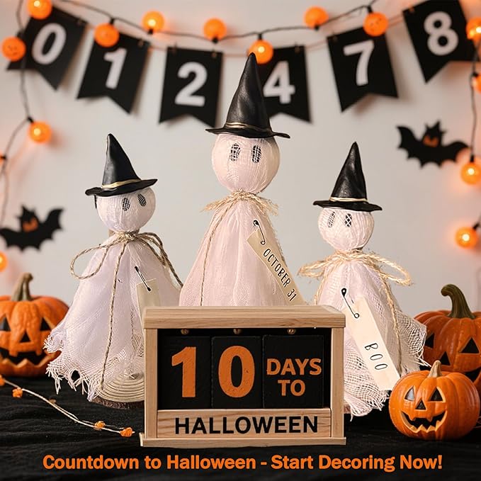 Halloween Decorations Indoor - 3 Set Primitive Halloween Ghosts with Hat, Wooden Stand Ghost Decor for Table Centerpieces, Mantels, Shelves, Vintage Spooky & Festive Party Decor