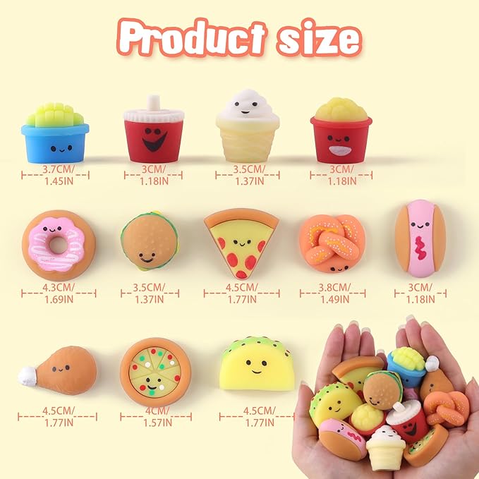 Anboor Mini Food Squishies Toys - 12 Pack Soft Kawaii Fast Food Squeeze Stress Relief Sensory Toys for Kids, Mini Junk Foods Fidget Toys for Party Favors Goodie Bag Fillers