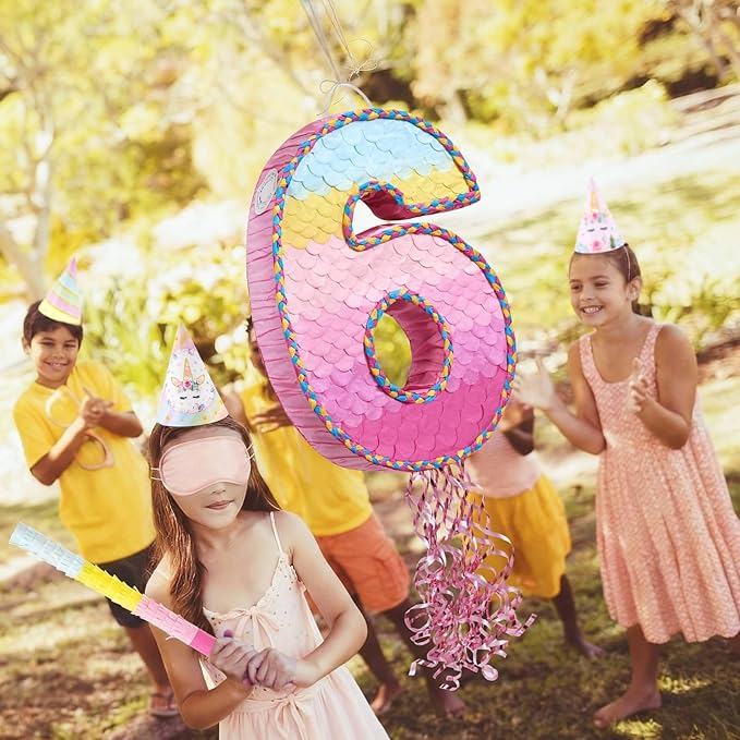 WERNNSAI Number 6 Piñata – Pink 6th Birthday Party Decorations for Kids Girls Rainbow Ombre Six Piñata with Blindfold and Stick for 6 Year Birthday Supplies Princess Anniversary Decoration