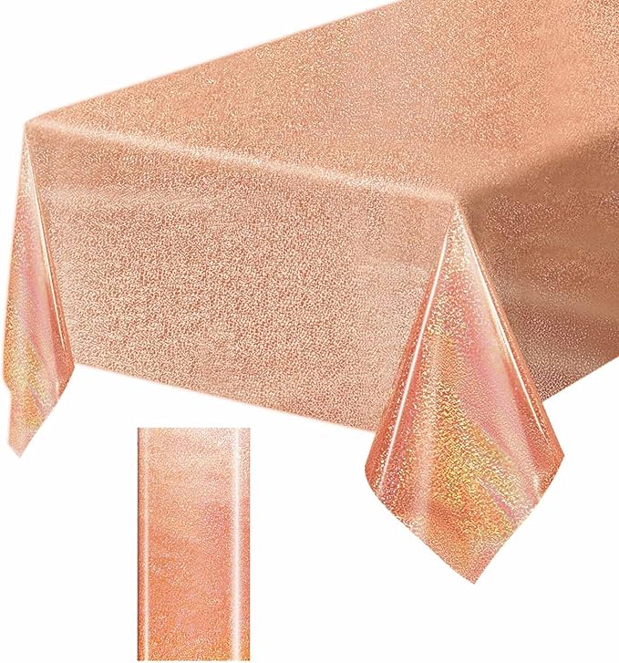 1 Pack Rose Gold Iridescent Plastic Tablecloth Disposable 54 × 108 Inch Glitter Holographic Foil Table Cloth Plastic Laser Rectangle Table Cover for Birthday Wedding Disco Party