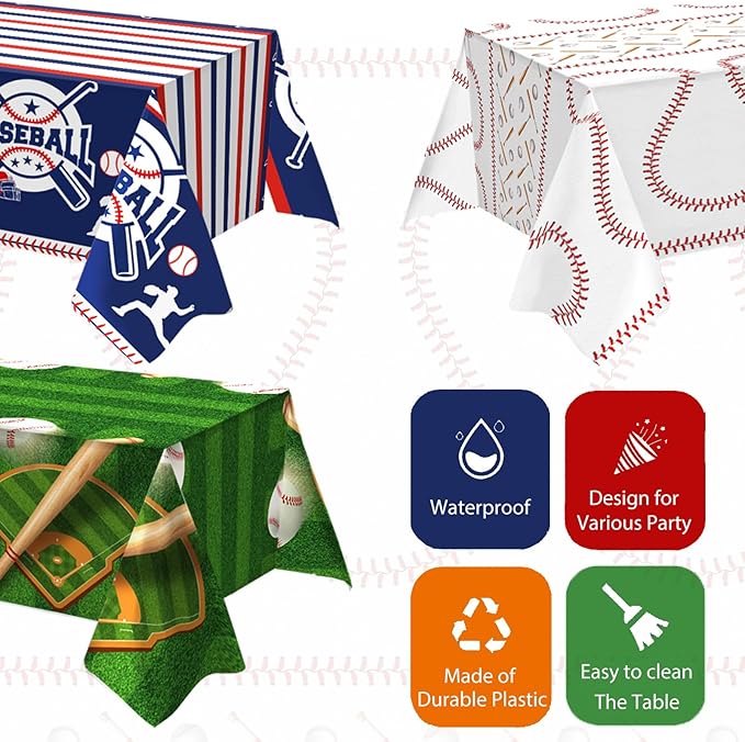 OQOQ Baseball Party Decorations Tablecloth(3 Packs), 108x54 Inches Baseball Birthday Decorations Table Cloth Disposable Plastic Table Cover for Major League Fall League Sport Party Supplies