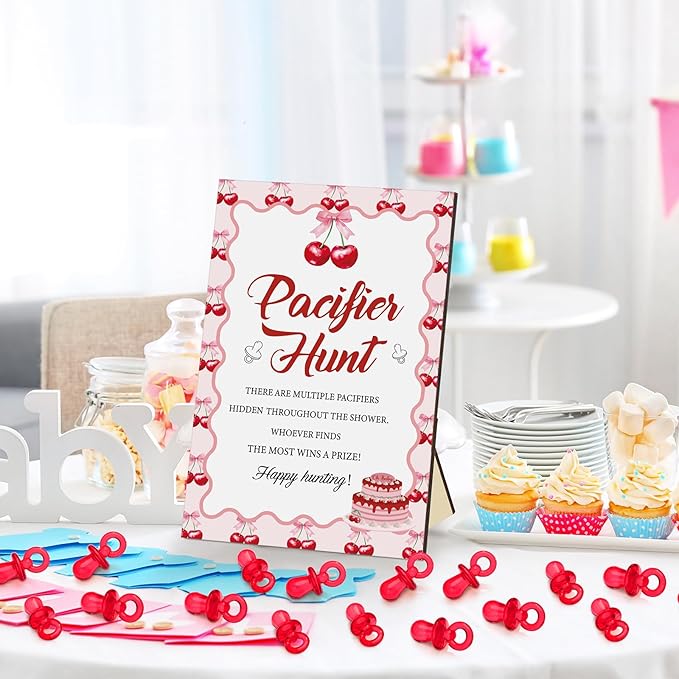 Thyle 51 Pcs She's Our Cherry on Top Theme Baby Shower Games Red Cherry Pacifier Hunt Include Hunt Sign and 50 Acrylic Pacifiers for Baby Shower Game Decoration Gift Sets Gender Reveal Party Decor