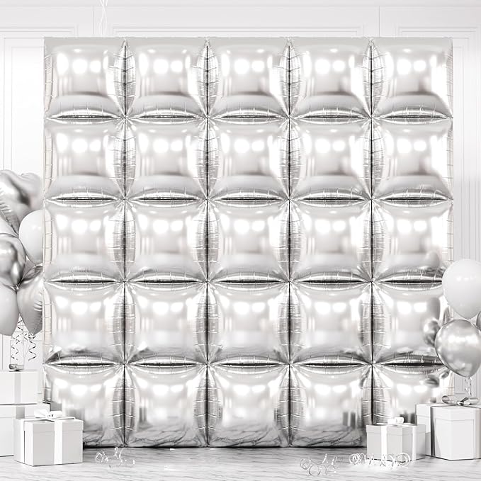 Metallic Silver Double Sided Square Foil Balloons Wall,19 Inches Chrome Foil Balloons Tunnel Arch Kit for Bachelorette,2026 New Year,anniversary,Graduation,Wedding,Birthday Party Background Decoration