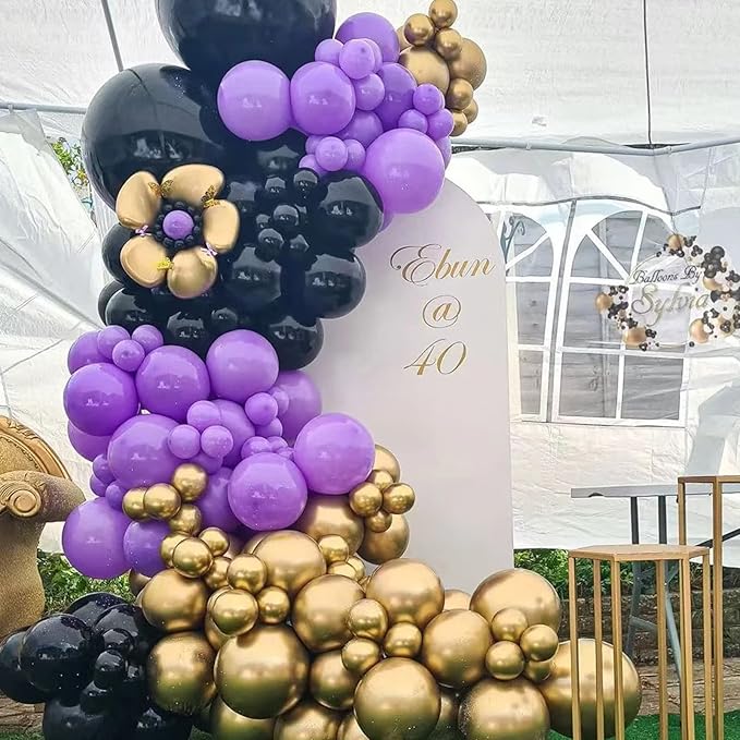 Purple Gold Balloon Garland Arch Kit, Metallic Gold and Latex Purple Balloons Different Sizes 18/12/10/5 inch for Wedding Anniversary Birthday Graduation Bridal Shower Bachelorette Party Decorations