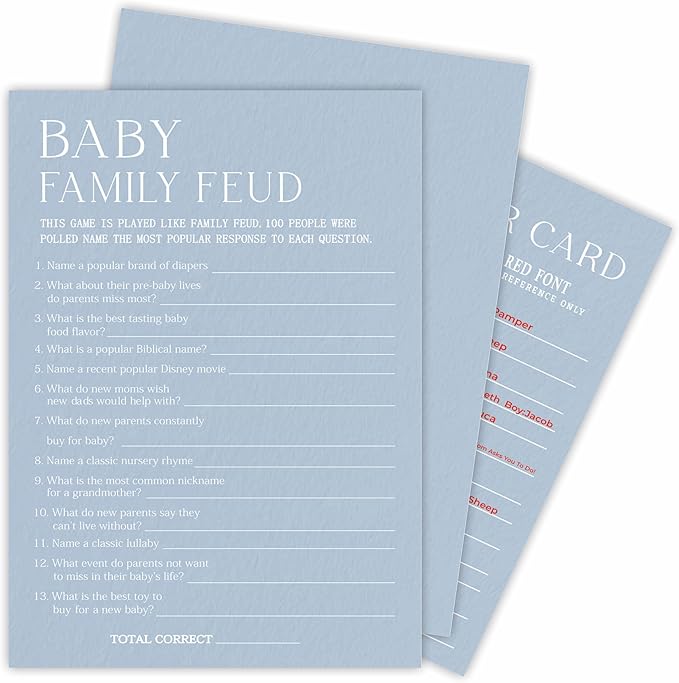 Minimalism Baby Shower Game Kit - Family Feud - Mist Blue - 30 Fill In Game Cards & 1 Answer Card, Gender Reveal, Party Favor & Decor - B05