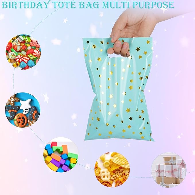 50pcs Party Favor Bags for Kids Birthday Goodies Bags, Plastic Gift Bags for Kids Girls Boys Candy Birthday Party Favor Gift Wraps (50pcs star pattern 5colors)