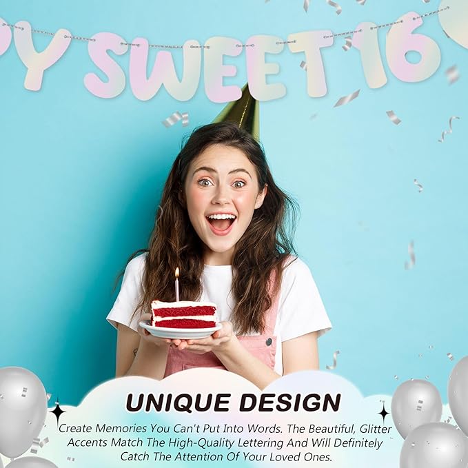 Fulmoon Pre Strung Happy Sweet 16 Banner Glitter Sixteenth Birthday Party Decorations 16th Party Sign Sweet 16 Party Decorations for Birthday Party Bachelorette Party(Glitter Silver)