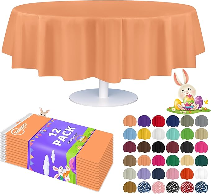 Grandipity Peach 12 Pack Premium Disposable Plastic Tablecloth 84" Inch Decorative Round Table Cover