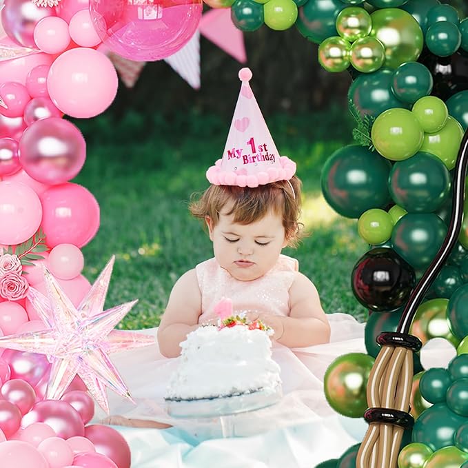 Pink and Green Witch Party Decorations,164 Pcs Light Pink Deep Green Black Balloon Arch Kit with Iridescent Exploding Star Balloons for Princess Witch Birthday Party Fairy Wonderlad Party Supplies